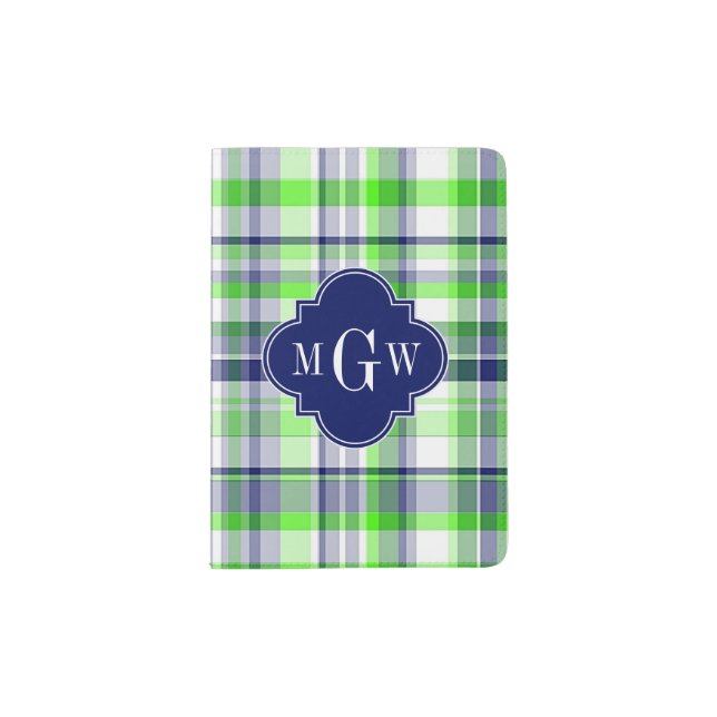 Lime, Navy, Wht Preppy Madras Quatrefoil Monogram Passport Holder (Front)