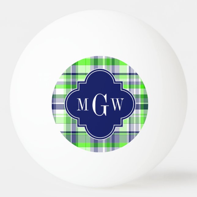 Lime, Navy, Wht Preppy Madras Quatrefoil Monogram Ping-Pong Ball (Front)