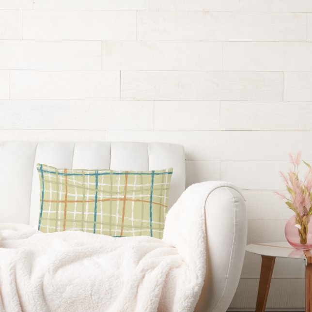 Lime Ochre Teal and Off White Plaid Design Pillow (Couch)