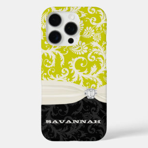 Lime & Off White Damask Printed Faux Rhinestone iPhone 16 Pro Case