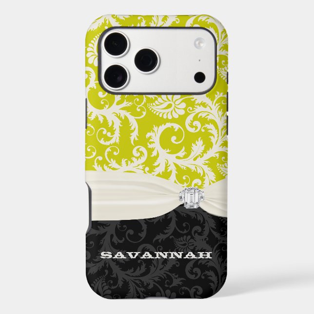 Lime & Off White Damask Printed Faux Rhinestone Case-Mate iPhone Case (Back)