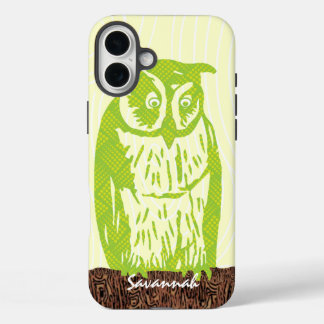 Lime Owl Wood Grain Pattern Choose Your Color iPhone 16 Plus Case