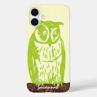 Lime Owl Wood Grain Pattern Choose Your Color iPhone 16 Plus Case