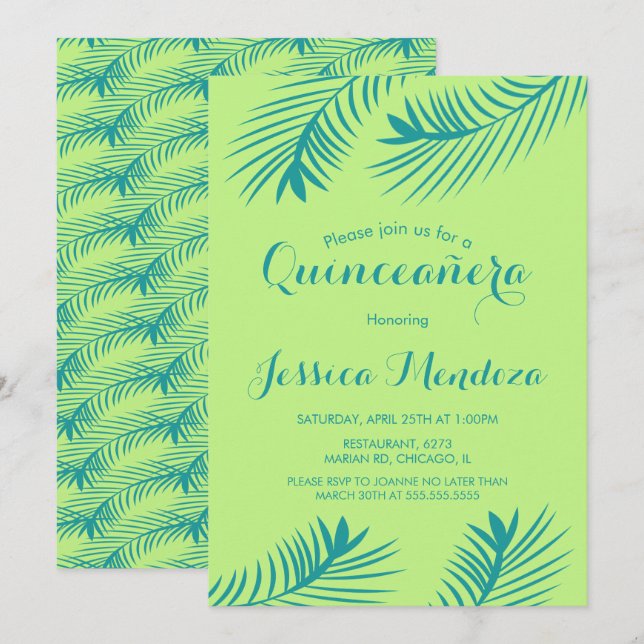 Lime Palm  Leaf Quinceañera Sweet 16  Invitation (Front/Back)