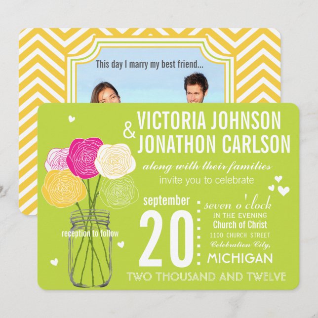 Lime Photo Ranunculus Rose ModernTypography Invitation (Front/Back)