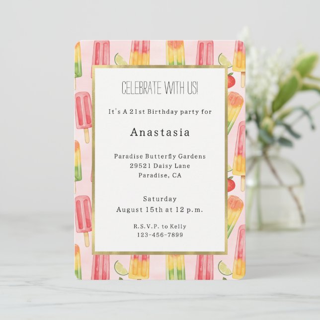 Lime Pineapple Yellow Watermelon Fruity Birthday Invitation (Standing Front)