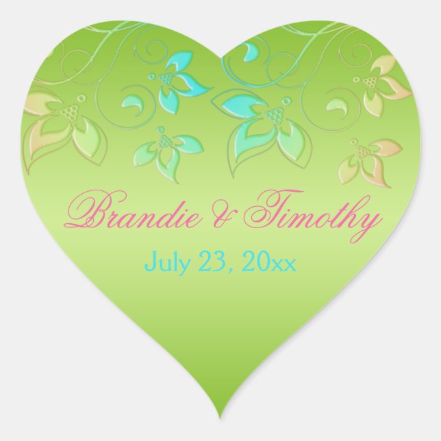 Lime, Pink, and Aqua Floral 1.5" Heart Sticker (Front)