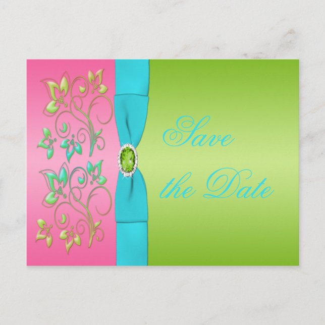 Lime, Pink, and Aqua Floral Save the Date Postcard (Front)