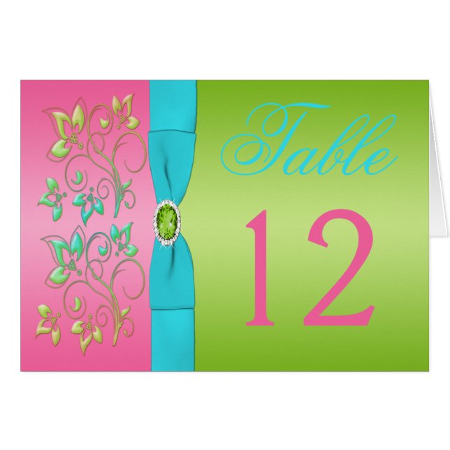 Lime, Pink, and Aqua Floral Table Number Card (Front Horizontal)