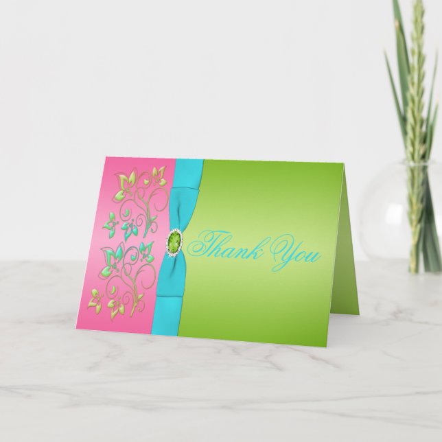 Lime, Pink, and Aqua Floral Thank You Card (Front)