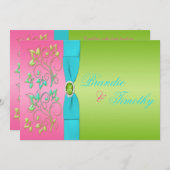 Lime, Pink, and Aqua Floral Wedding Invitation (Front/Back)