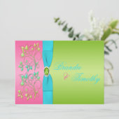 Lime, Pink, and Aqua Floral Wedding Invitation (Standing Front)