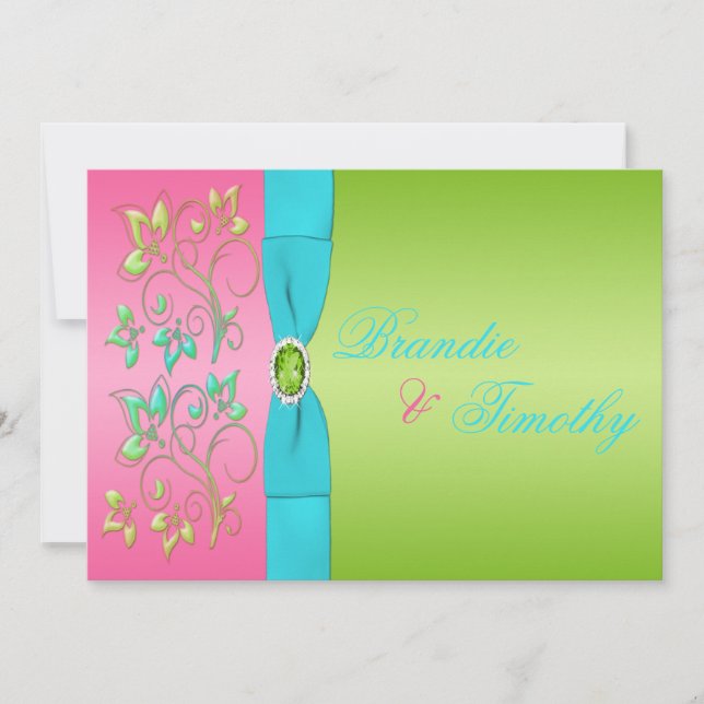 Lime, Pink, and Aqua Floral Wedding Invitation (Front)