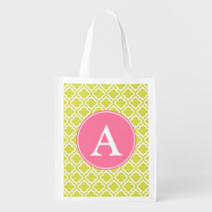 Lime Pink Monogram Reusable Grocery Bag