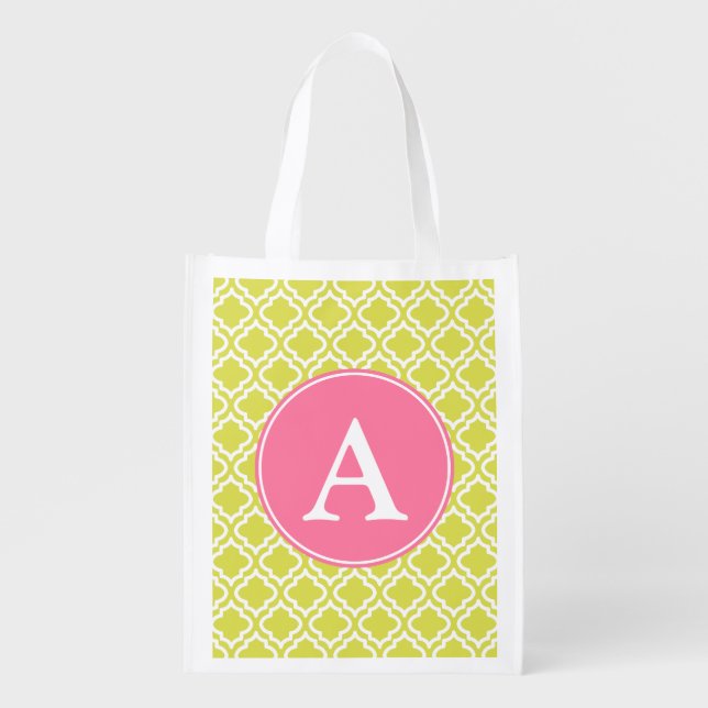 Lime Pink Monogram Reusable Grocery Bag (Front)