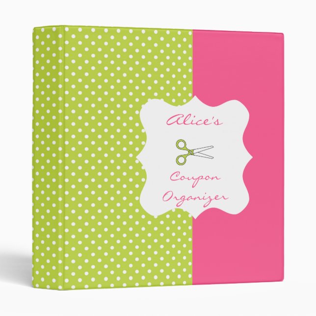 Lime&Pink Polka Dot Personalized Coupon Organizer 3 Ring Binder (Front/Spine)