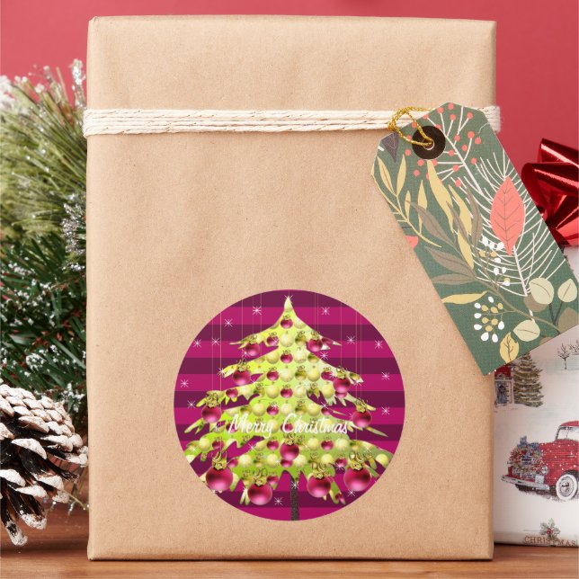 Lime Plum Stripes Christmas Tree Ornaments Classic Round Sticker (Holiday)