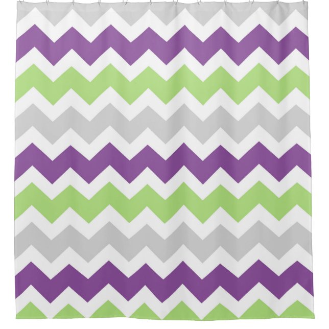 Lime Purple Grey Chevron Stripes Shower Curtain (Front)