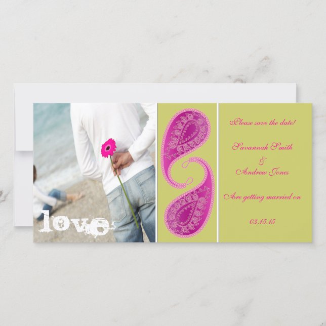 Lime & Raspberry Paisley Save the Date  Your Photo (Front)