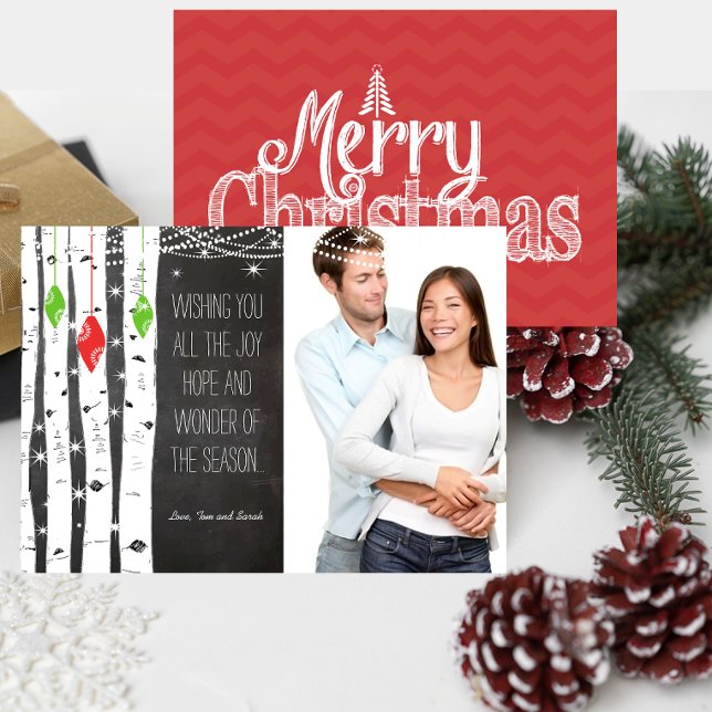 Lime Red Birch Tree Ornament Christmas Photo Card (Creator Uploaded)