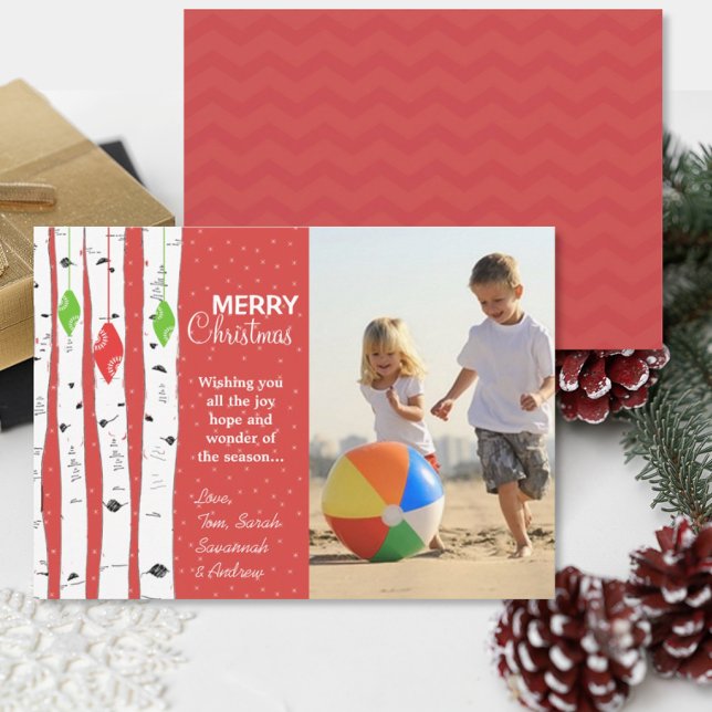 Lime Red Birch Tree Ornament Christmas Photo Card (Creator Uploaded)