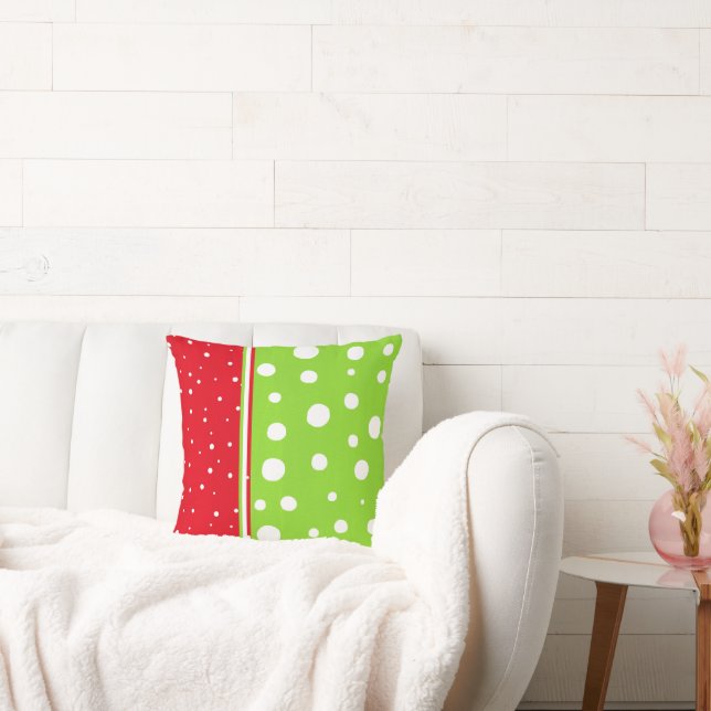 Lime Red White Polka Dot Color Block Throw Pillow (Couch)
