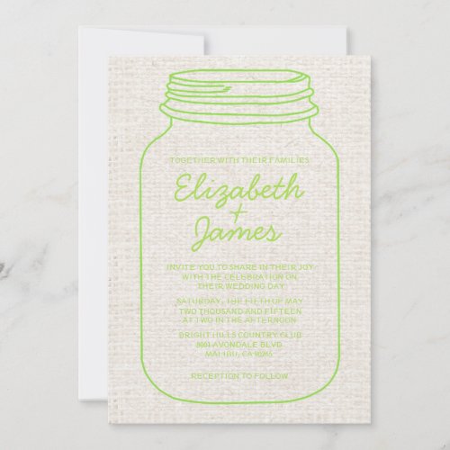 Lime Rustic Burlap Mason Jar Wedding Invitations