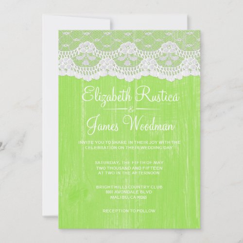 Lime Rustic Lace &amp; Barn Wood Wedding Invitations