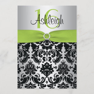 Lime, Silver, and Black Damask Sweet 16 Invitation