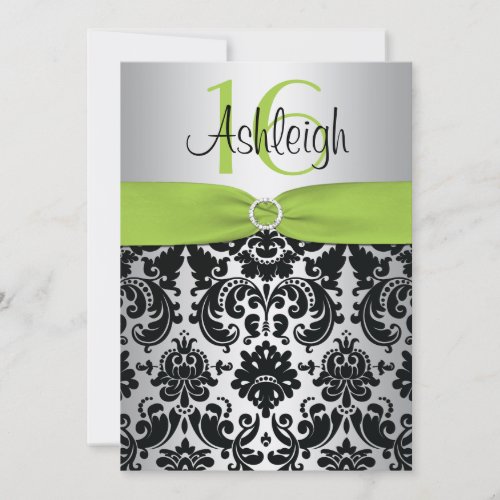 Lime, Silver, and Black Damask Sweet 16 Invitation