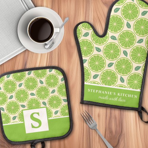 Lime Slices Citrus Cute Summer Monogrammed Oven Mitt &Amp;Amp; Pot Holder Set