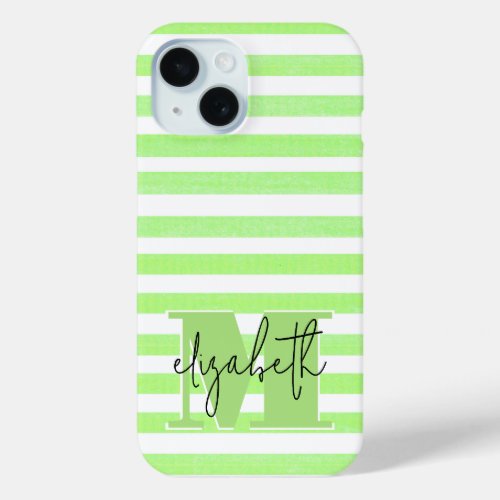 Lime Stripe Monogrammed iPhone 15 Case
