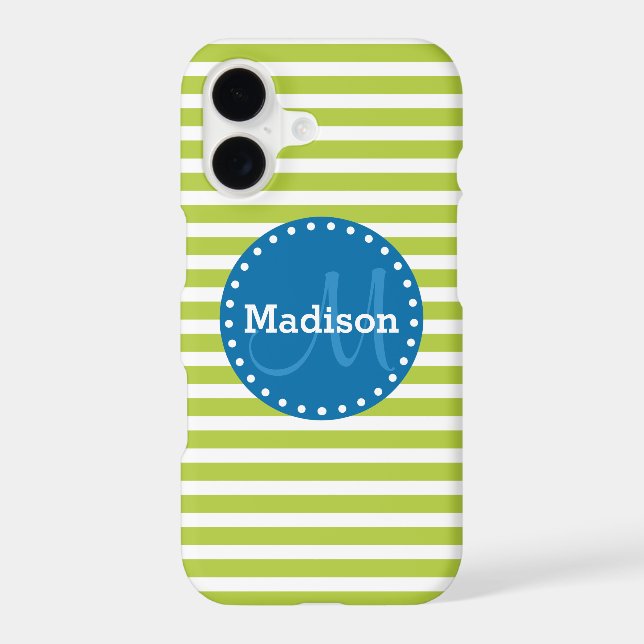 Lime Stripes Blue Monogram Iphone Case (Back)