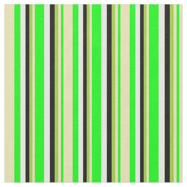 Lime, Tan, Green, Black, and White Stripes Fabric (Close Up)