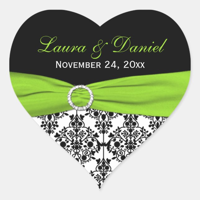 Lime, White, and Black Damask Heart Shape Sticker (Front)