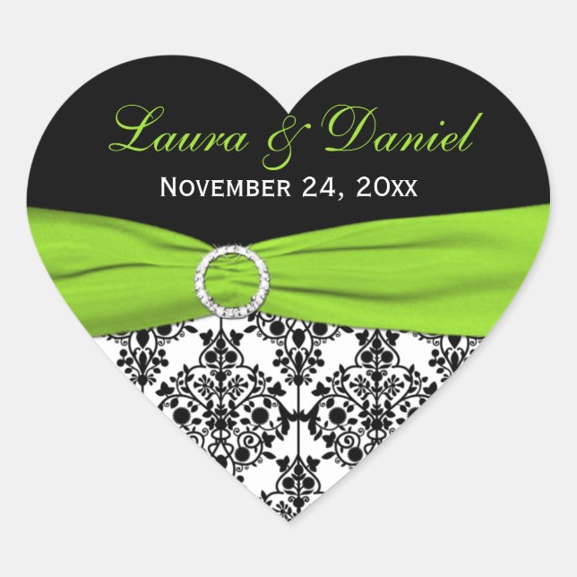 Lime, White, and Black Damask Heart Shape Sticker (Front)