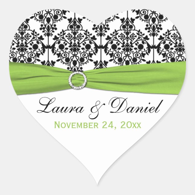 Lime, White, and Black Damask Heart Shape Sticker (Front)