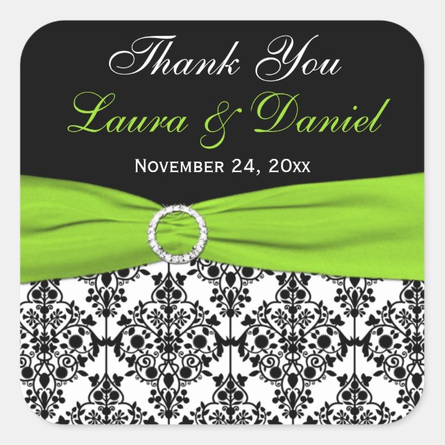 Lime, White, and Black Damask Wedding Favor Square Sticker (Front)