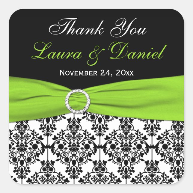Lime, White, and Black Damask Wedding Favor Square Sticker (Front)