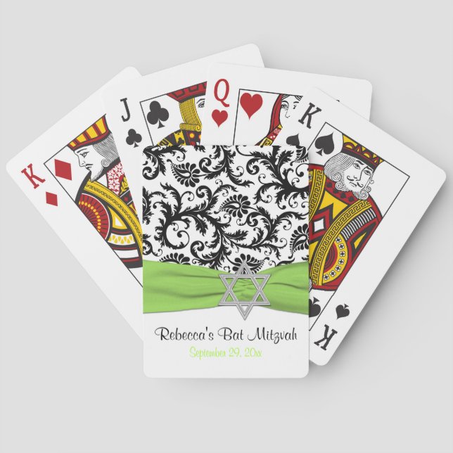 Lime White Black Damask Bat Mitzvah Playing Cards (Back)
