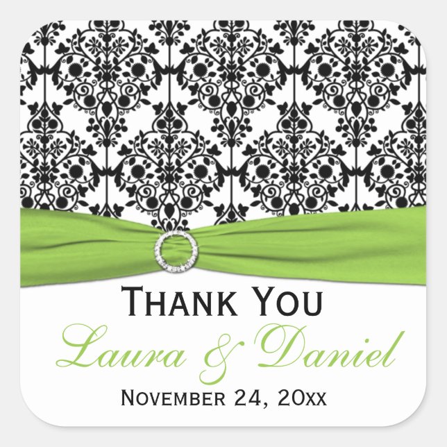 Lime, White, Black Damask Wedding Favor Sticker (Front)