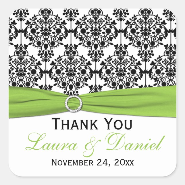 Lime, White, Black Damask Wedding Favor Sticker (Front)