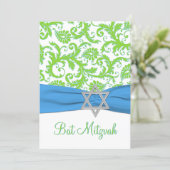 Lime, White, Blue Damask PRINTED RIBBON Invitation (Standing Front)