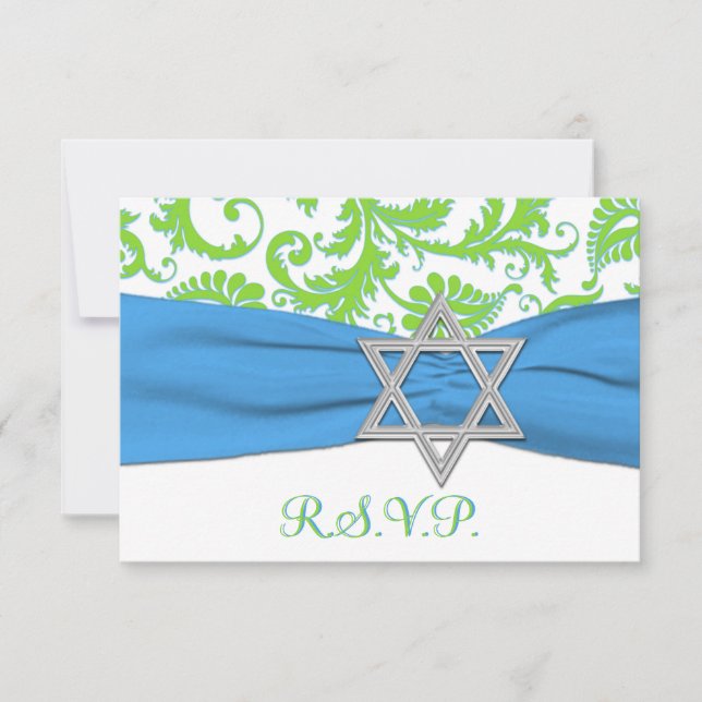 Lime, White, Blue PRINTED RIBBON RSVP Card (Front)