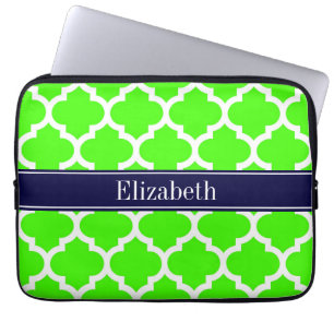 Lime White Moroccan #5 Navy Blue Name Monogram Laptop Sleeve