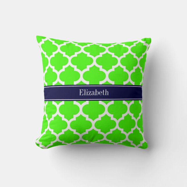 Lime White Moroccan #5 Navy Blue Name Monogram Throw Pillow (Front)