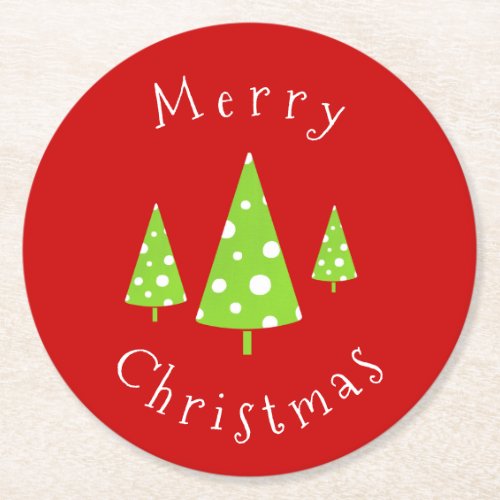 Lime White Polka Dots Christmas Trees Round Paper Coaster