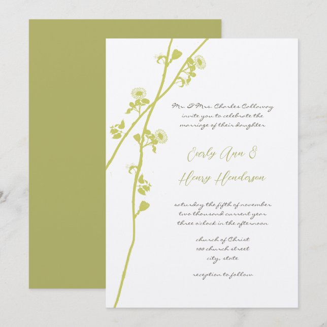 Lime Wild Flower Branch Wedding Invitation (Front/Back)