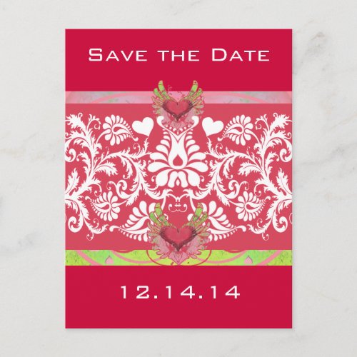 Lime Winged Hearts White Damask On Deep Raspberry Announcement Postcard