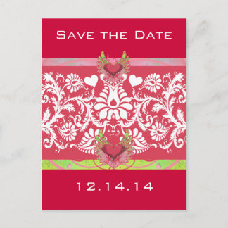 Lime Winged Hearts White Damask On Deep Raspberry Announcement Postcard